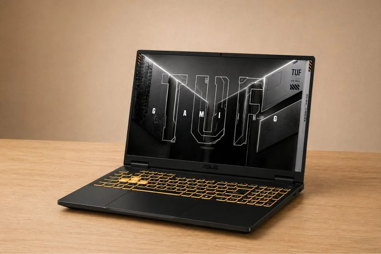 Angled front view of ASUS TUF Gaming F16 highlighting slim bezels, display, and illuminated keyboard.