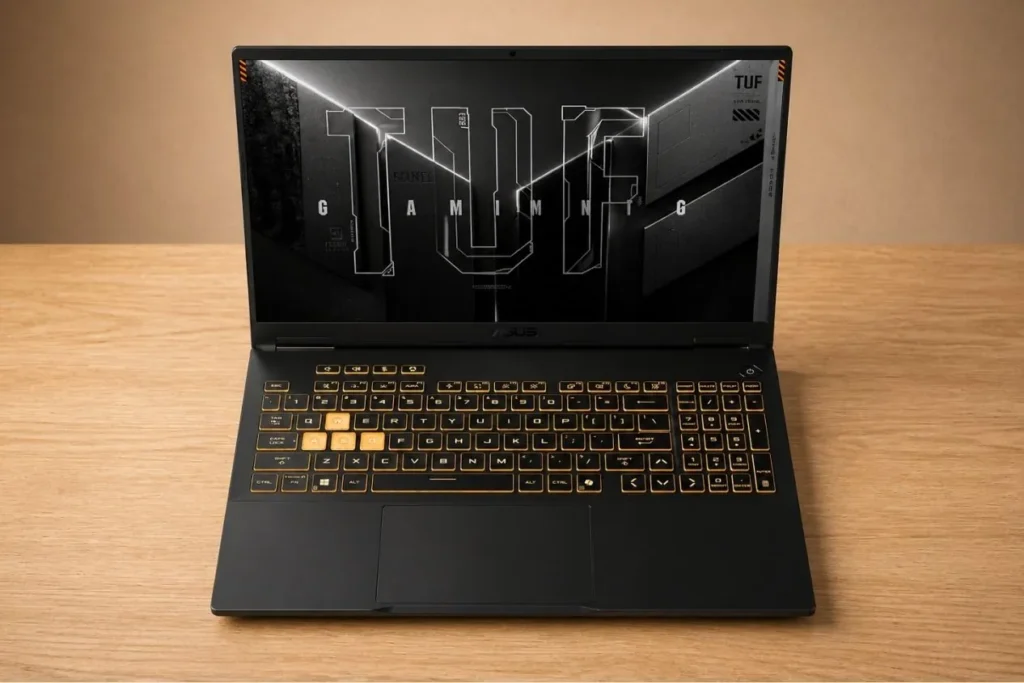 ASUS TUF Gaming F16 Review: Popular Gaming Tested 5 Top-down view of ASUS TUF Gaming F16 showing full keyboard layout with orange backlighting and large trackpad.