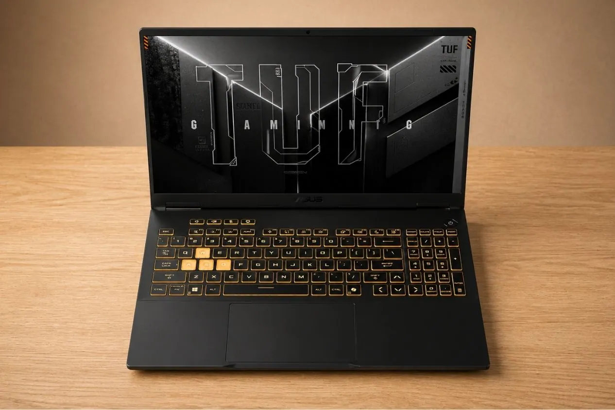 Top-down view of ASUS TUF Gaming F16 showing full keyboard layout with orange backlighting and large trackpad.