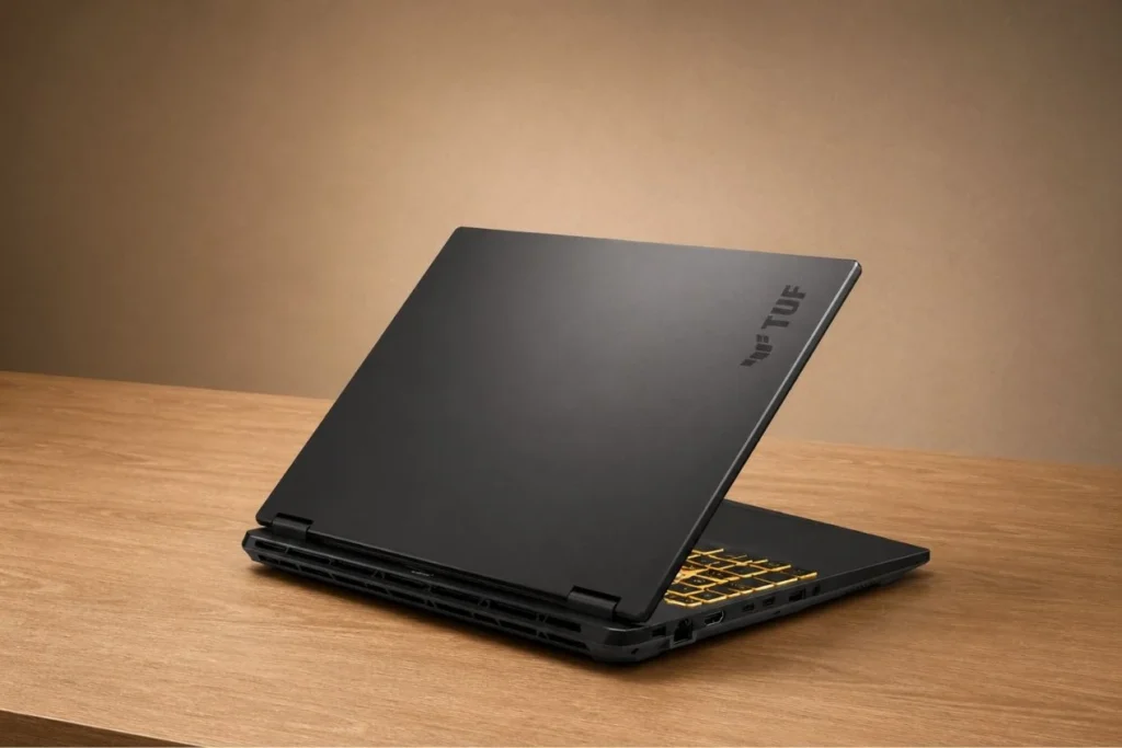 ASUS TUF Gaming F16 Review: Popular Gaming Tested 4 Rear angled view of ASUS TUF Gaming F16 showing minimalist lid with TUF branding and rear cooling vents.