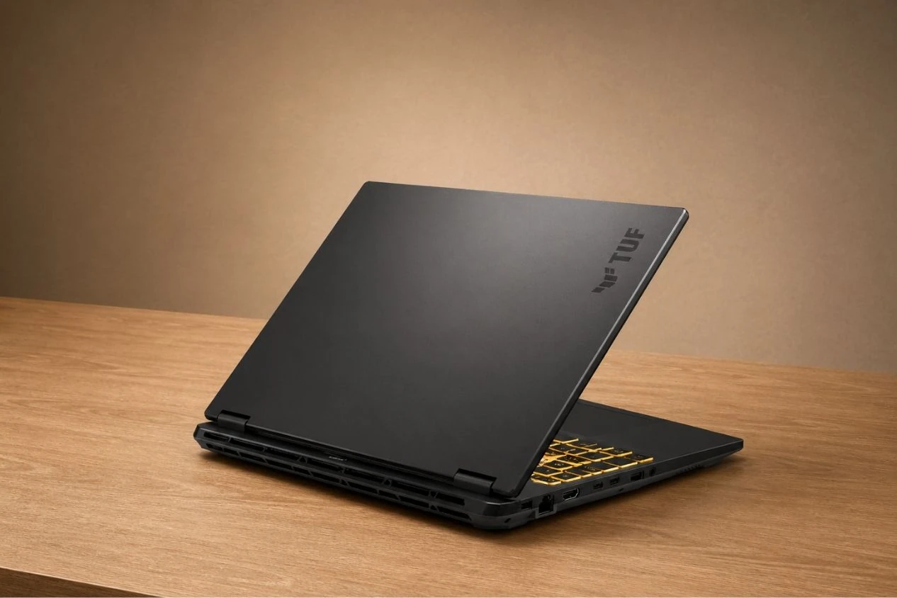 Rear angled view of ASUS TUF Gaming F16 showing minimalist lid with TUF branding and rear cooling vents.
