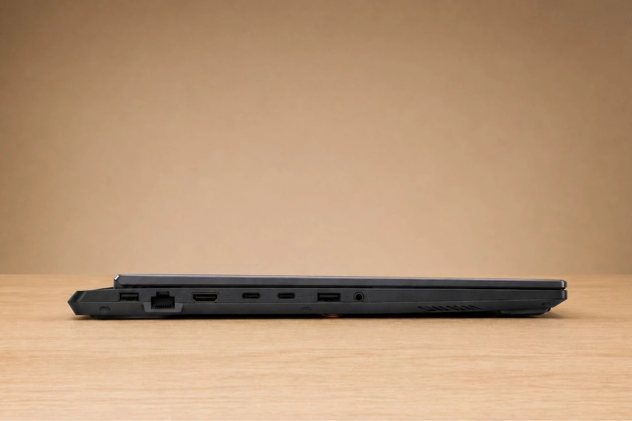Side profile of ASUS TUF Gaming F16 displaying USB ports, HDMI, Ethernet port, and cooling vents.