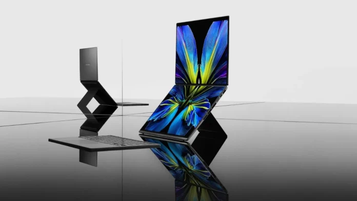 ASUS Zenbook Duo UX8407 laptop with dual screens in vertical and angled viewing modes