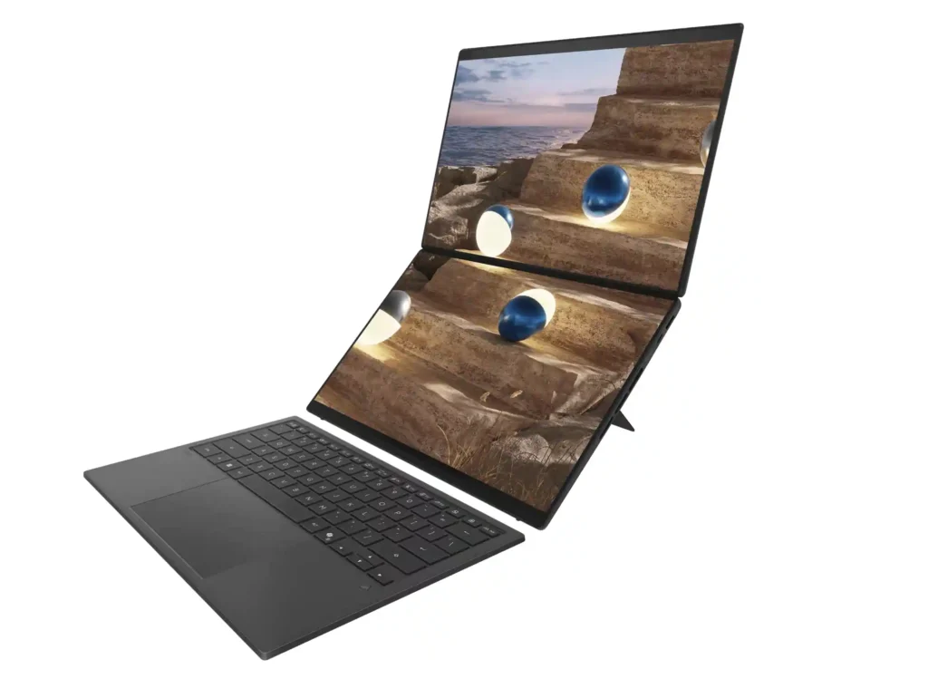 ASUS Zenbook Duo UX8407 used in laptop mode with dual screens and wireless keyboard attached