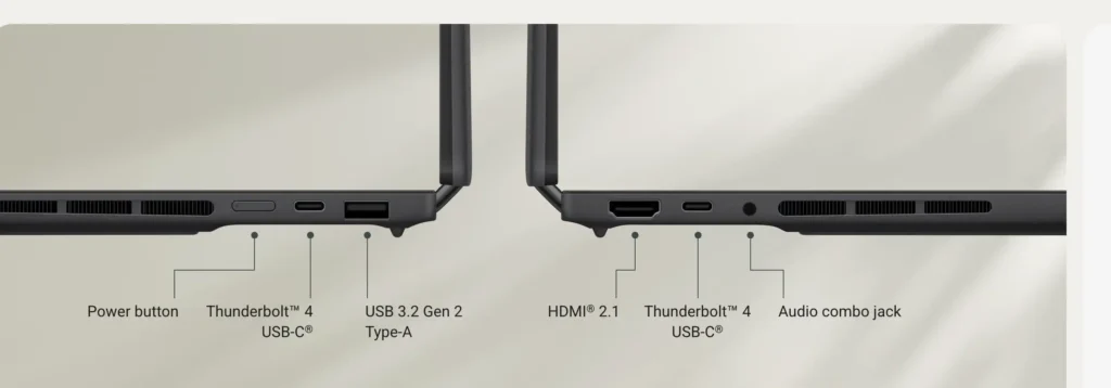 Side view of ASUS Zenbook Duo UX8407 showing Thunderbolt 4 USB-C HDMI 2.1 USB-A and audio jack