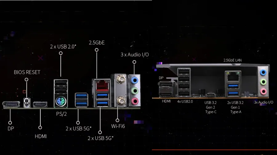COLORFUL B860M and B760M motherboard rear I/O ports with USB, HDMI, DP, and LAN