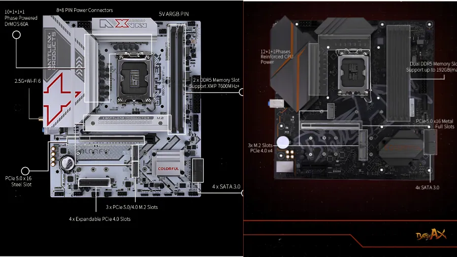 COLORFUL B860M motherboard layout with PCIe slots, DDR5 RAM, and M.2 storage