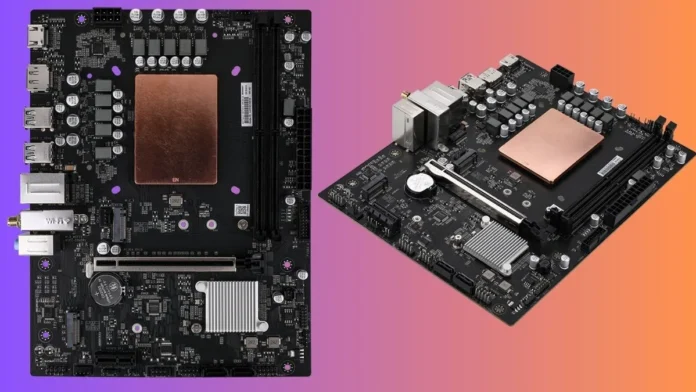 Colorful BATTLE-AX HM770M-K motherboard showing layout with CPU area heatsink RAM slots and expansion slots