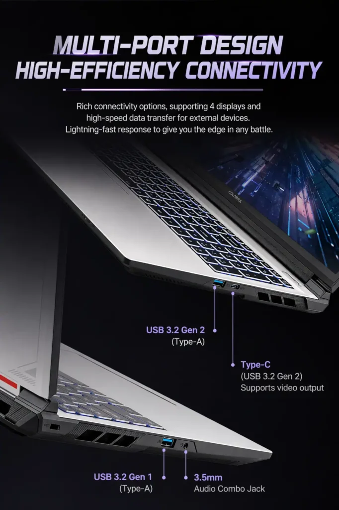Side profile of Colorful Hidden Star P16 Pro gaming laptop showing USB Type A USB Type C audio jack and cooling vents