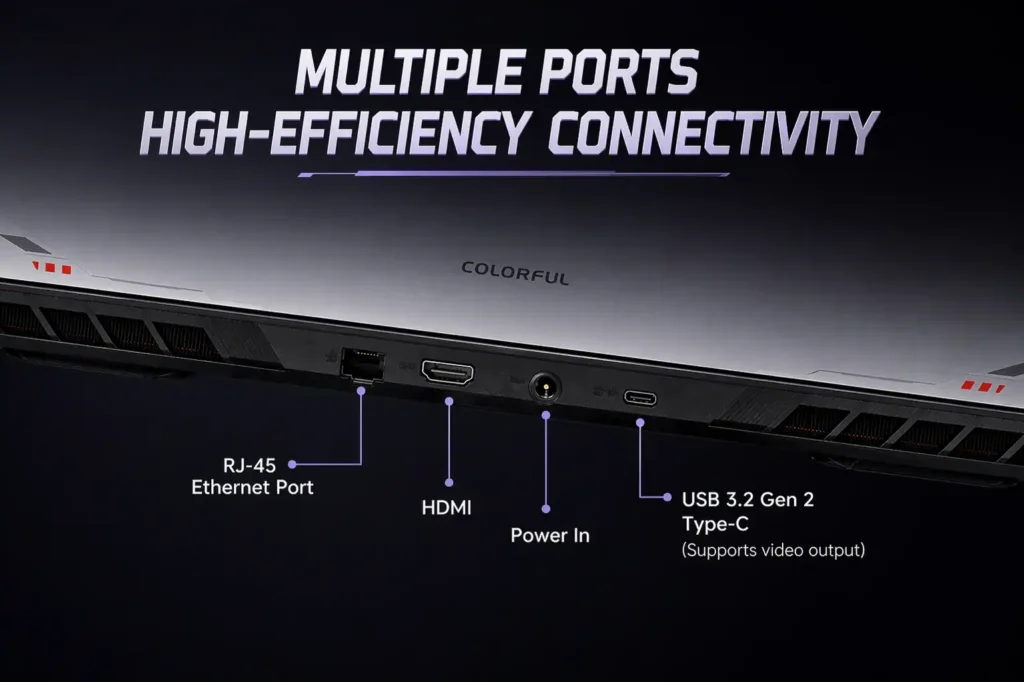 Rear side of Colorful Hidden Star P16 Pro gaming laptop showing RJ45 Ethernet HDMI power input and USB Type C ports