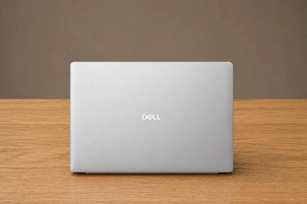 Rear view of Dell 16 laptop with minimal silver finish and centered Dell logo.