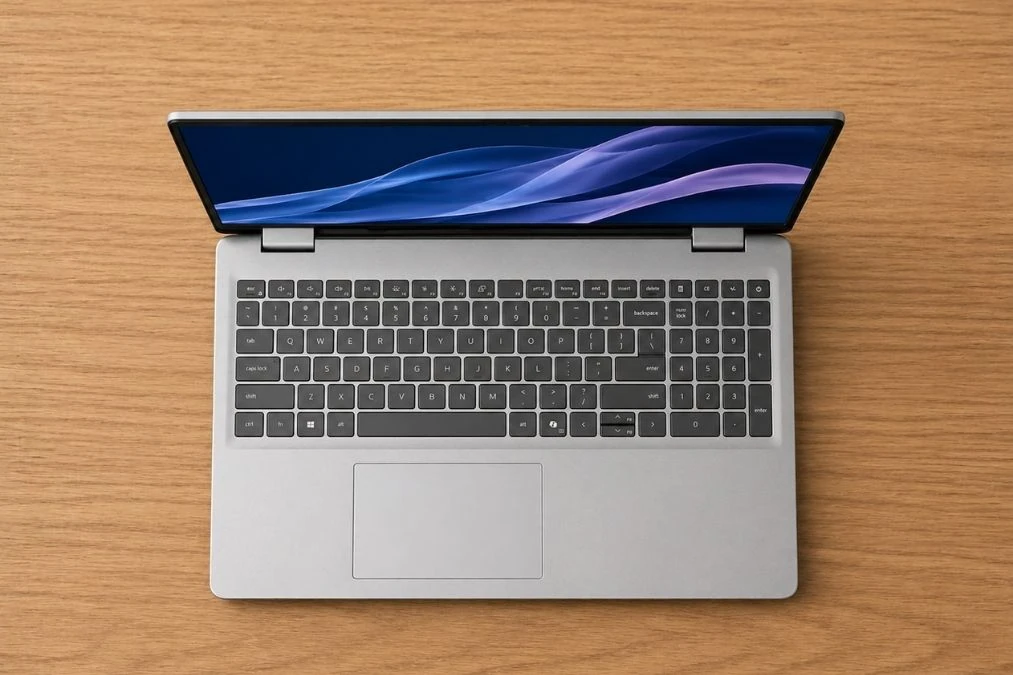 Top-down view of Dell 16 laptop showing full-size keyboard with numpad and spacious trackpad.