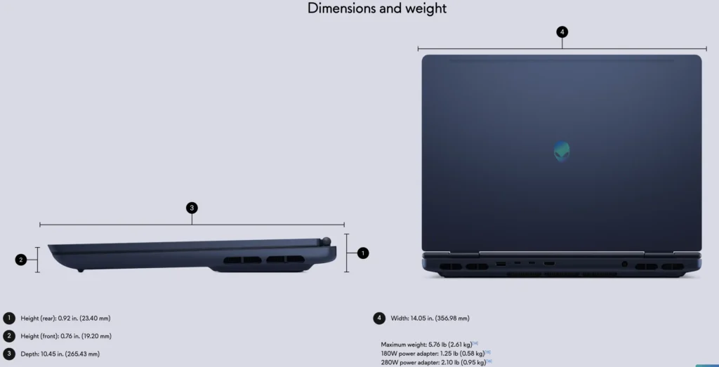 Size and weight chart of Dell Alienware 16X Aurora 2026 gaming laptop with measurements