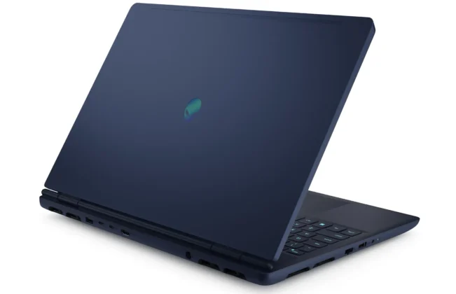 Angled rear view of Dell Alienware 16X Aurora 2026 gaming laptop with dark blue finish