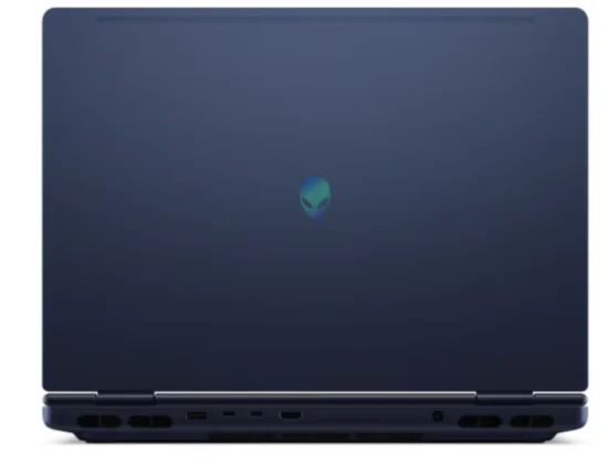 Rear view of Dell Alienware 16X Aurora 2026 laptop with illuminated Alienware logo and rear ports