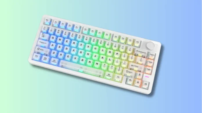 pomaker HE75 V2 Angled View Epomaker HE75 V2 compact gaming keyboard with RGB lighting and control knob