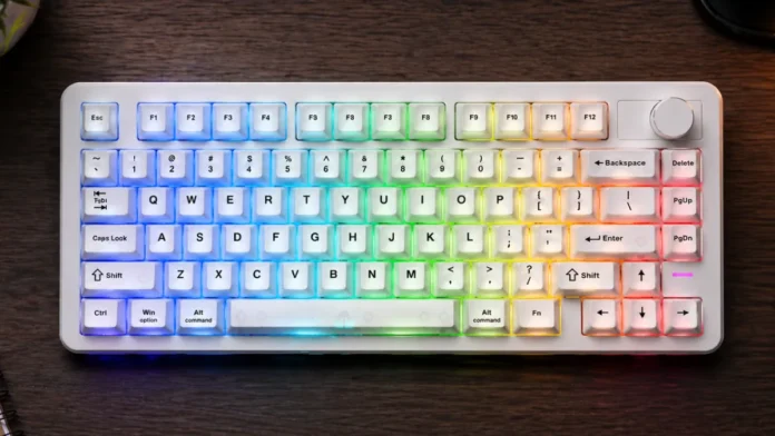 Epomaker HE75 V2 keyboard on desk with full RGB lighting and white keycaps