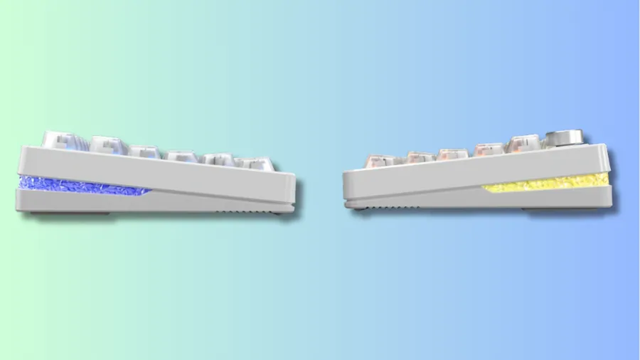 Epomaker HE75 V2 low-profile keyboard side view showing slim design and RGB underglow