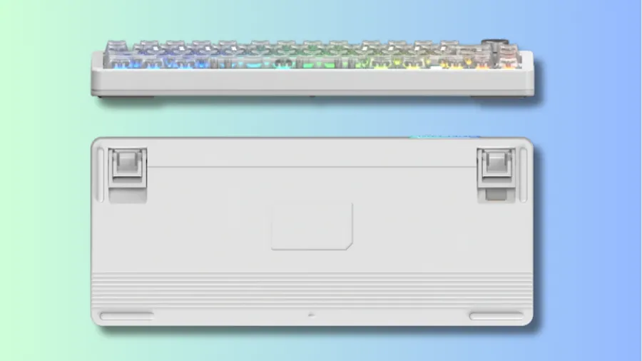 Epomaker HE75 V2 keyboard top and bottom view showing RGB lighting and build design