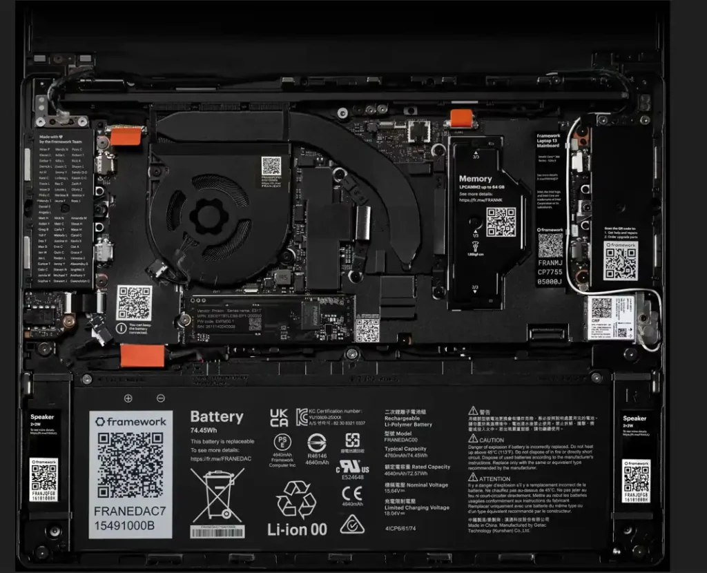 Framework Laptop 13 Pro internal view highlighting battery pack, cooling fan, heat pipe, motherboard, memory module, speakers, and labeled repairable components inside the chassis