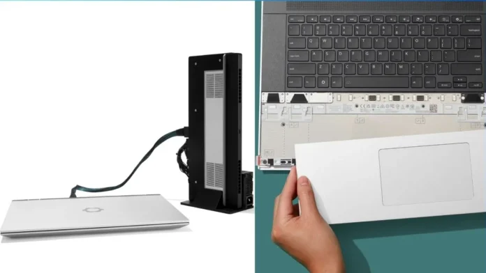 Framework OCuLink 8i Dev Kit connected to laptop showing external GPU dock and internal laptop access
