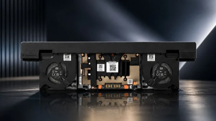 Framework RTX 5070 12GB module showing dual fans cooling system and internal GPU components inside chassis