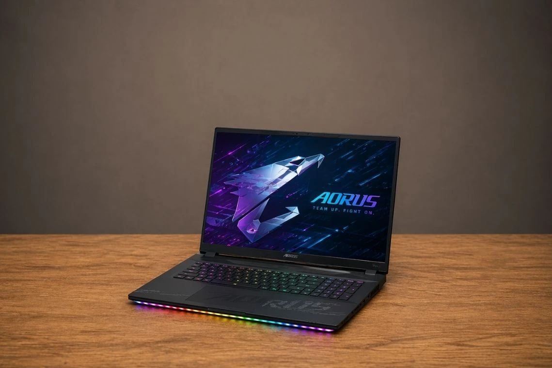 GIGABYTE AORUS Master 18 gaming laptop at an angle displaying screen, keyboard, and RGB front light strip.