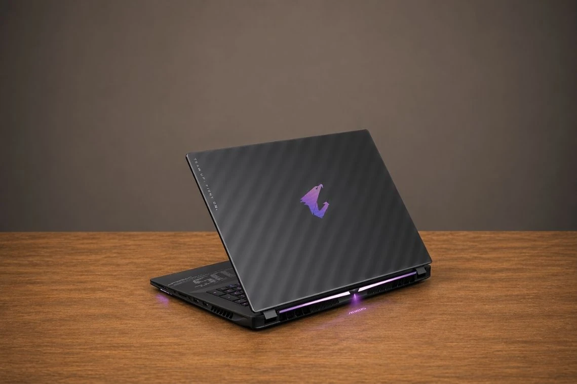 Rear view of GIGABYTE AORUS Master 18 showing AORUS logo on lid and rear exhaust vents.