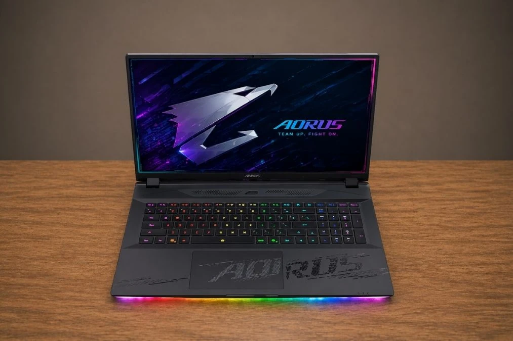 Top view of GIGABYTE AORUS Master 18 showing full-size RGB keyboard and large trackpad area.