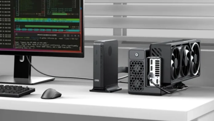 GPD BOX mini PC connected to external GPU enclosure via MCIO 8i interface showing desktop graphics card setup for high performance computing