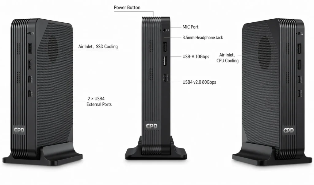 GPD BOX mini PC front and side view showing power button, microphone port, 3.5 mm headphone jack, USB Type A 10Gbps port, USB4 v2 80Gbps ports, and air intake vents for CPU and SSD cooling