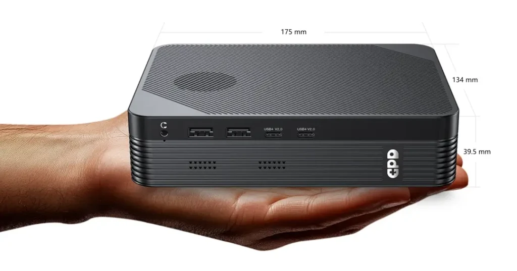 GPD BOX mini PC placed on a hand showing compact size with dimensions labeled 175 mm width, 134 mm depth, and 39.5 mm height
