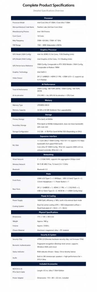 GPD BOX mini PC specifications table showing Intel Core Ultra processors, Intel Arc graphics, LPDDR5X memory, PCIe Gen5 storage, MCIO expansion interface, USB4 v2 ports, and power and cooling details