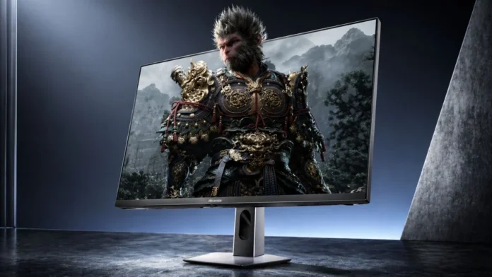 Hisense G7 Pro monitor showing detailed gaming scene on large display with slim bezels and modern stand