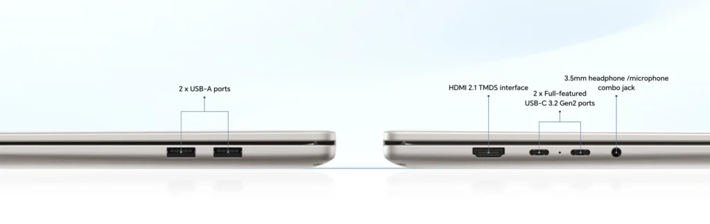 Honor MagicBook X Plus side view showing USB-A ports, USB-C ports, HDMI 2.1 interface and 3.5mm audio jack