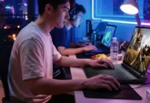Honor Win H9, Win H7 Launched With RTX 5070 Ti, 300Hz Display: Price, Specifications Honor Win H series gaming laptops in real world usage showing two users playing games in a setup with RGB lighting, external mouse, and immersive gameplay experience