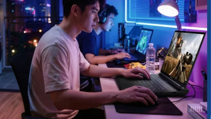 Honor Win H series gaming laptops in real world usage showing two users playing games in a setup with RGB lighting, external mouse, and immersive gameplay experience
