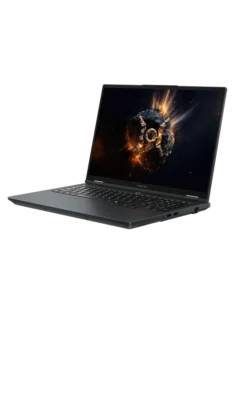 Honor Win H7 gaming laptop angled view in black finish showing slim chassis, side I O ports, cooling vents, and durable gaming build