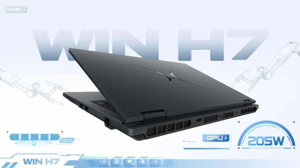 Honor Win H7 gaming laptop rear view showing hinge design, exhaust vents, rear ports layout, and 205W performance configuration