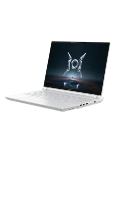 Honor Win H9 gaming laptop in white color angled view showing RGB keyboard, side ports, thin bezels, and modern gaming aesthetic