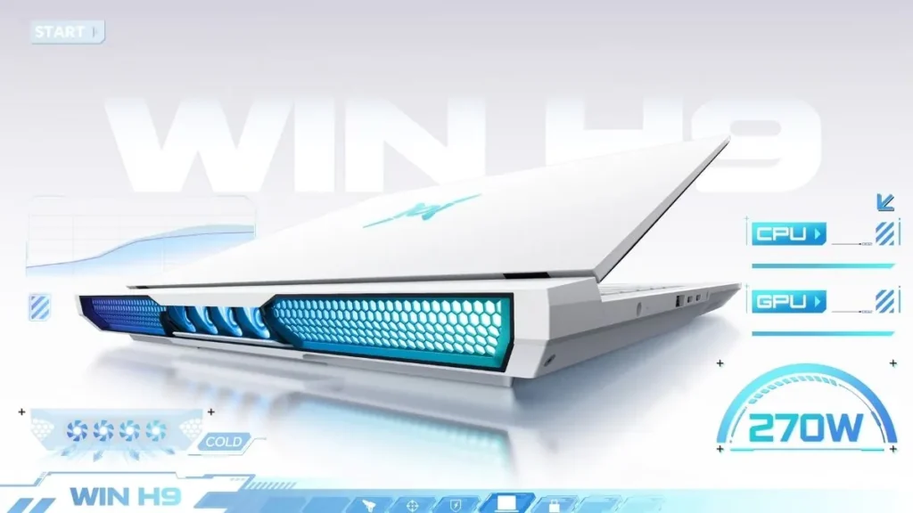 Honor Win H9 rear cooling system design showing large exhaust vents, multiple cooling fans, airflow layout, and 270W performance indicator for CPU and GPU