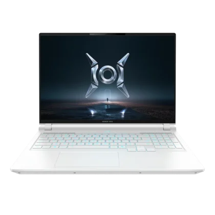 Honor Win H9 white gaming laptop front view showing large display, RGB backlit keyboard, wide touchpad, and clean premium design