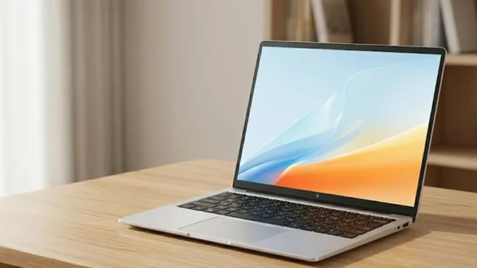 HP Star Book Pro Air 14 2026 slim laptop on wooden desk showing thin bezels and lightweight design