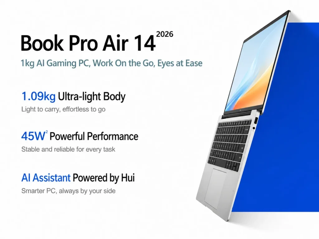 HP Star Book Pro Air 14 2026 features showing 1.09kg weight, 45W performance, and AI assistant support