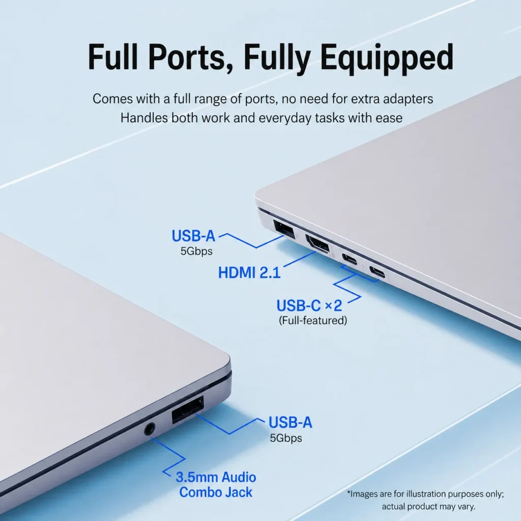 HP Star Book Pro Air 14 2026 ports showing USB A, USB C, HDMI 2.1, and 3.5mm audio jack