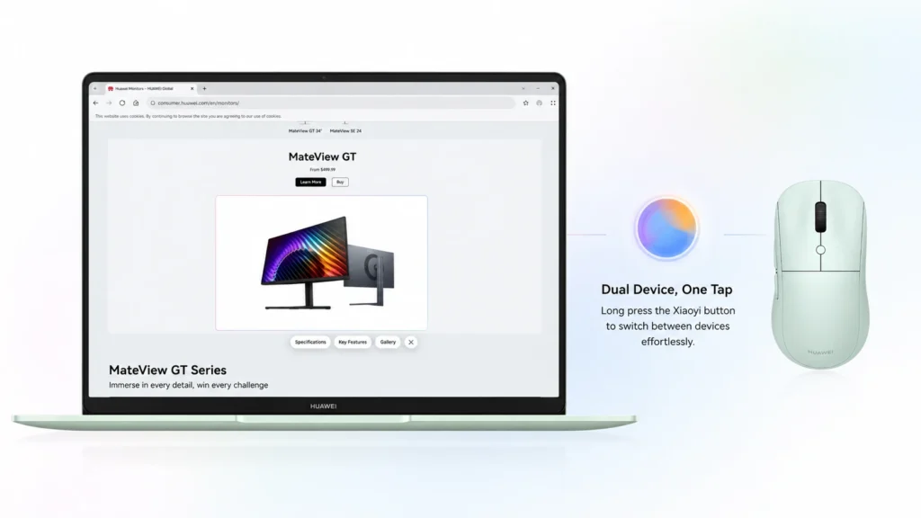 Huawei Wireless Mouse 3 connected to laptop showing dual device switching feature with one tap control
