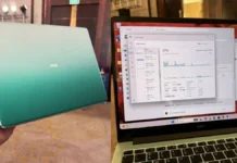 Intel Wildcat Lake Laptop Shows Fanless 11W Mode With MacBook Neo-Style Design Intel Wildcat Lake laptop showing green gradient exterior and screen with system performance metrics open