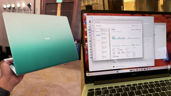 Intel Wildcat Lake laptop showing green gradient exterior and screen with system performance metrics open