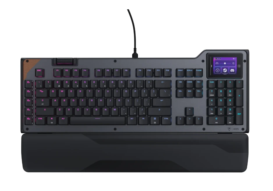 KB5 gaming keyboard full size layout with RGB backlit keys, dedicated numpad, integrated control screen, wired connection, and wrist rest