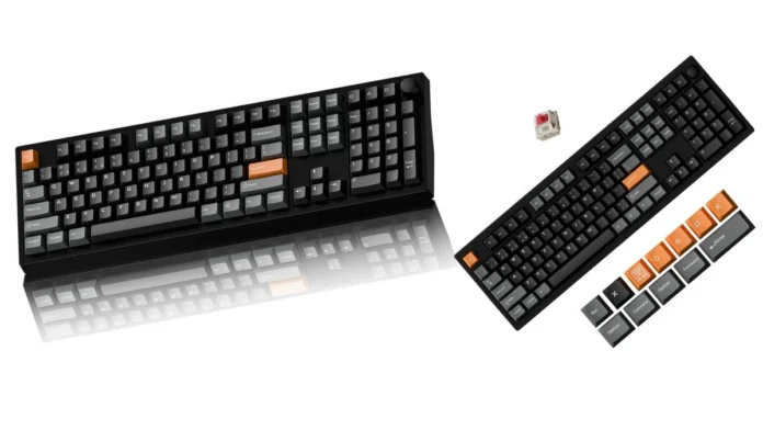 Keychron P6 Ultra full size keyboard with black and orange keycaps shown from top angle